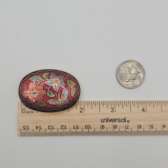 Cloisonné Red/Purple Floral Enamel Gold-Tone Oval Tie-Belt Clip Accessory - Picture 6 of 7